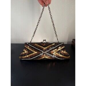 Beaded Sequin Evening Bag Chevron Gold Bronze Clutch Chain Strap Formal Purse